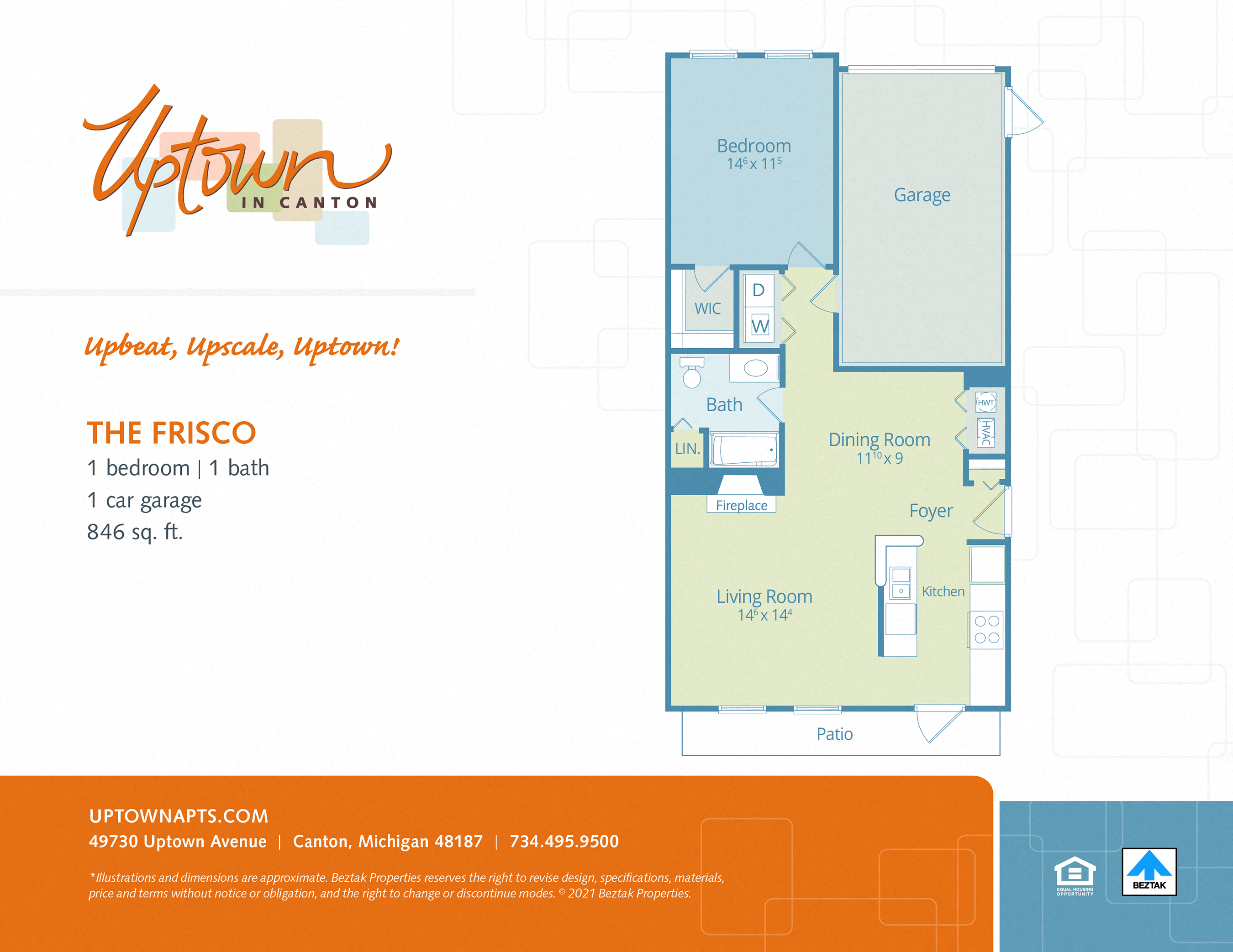 Floor plan for 1 bed, 1 bath, 846 sqft